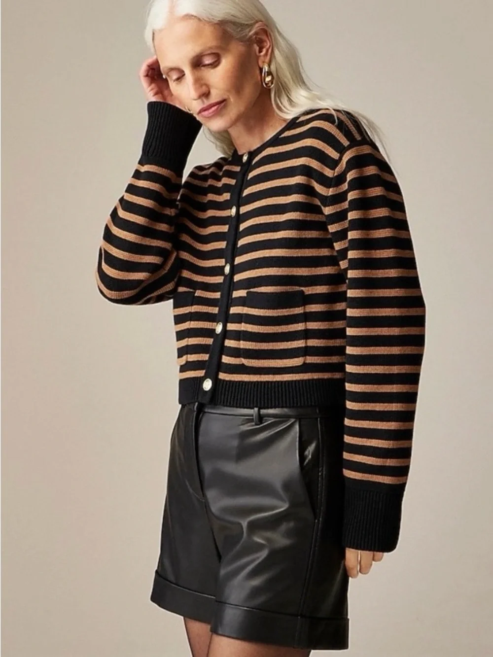 J.Crew Relaxed Emilie sweater lady jacket stripe black heather camel size large